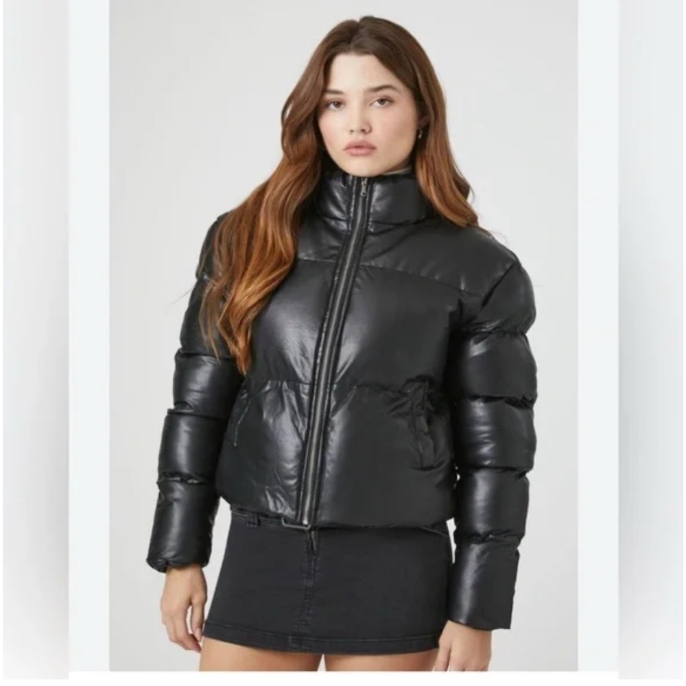 Altar'd State Black Gloss Cropped Puffer Jacket